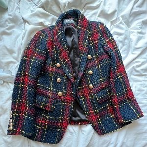 BALMAIN Paris Tartan Tweed Plaid Blazer Jacket Multicolor